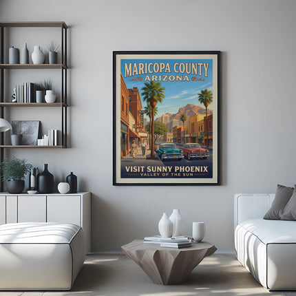 Vintage Maricopa County Arizona poster with palm trees and classic cars.