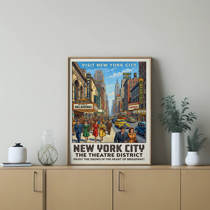 Vintage New York City Theatre District poster with "Oklahoma!" show.