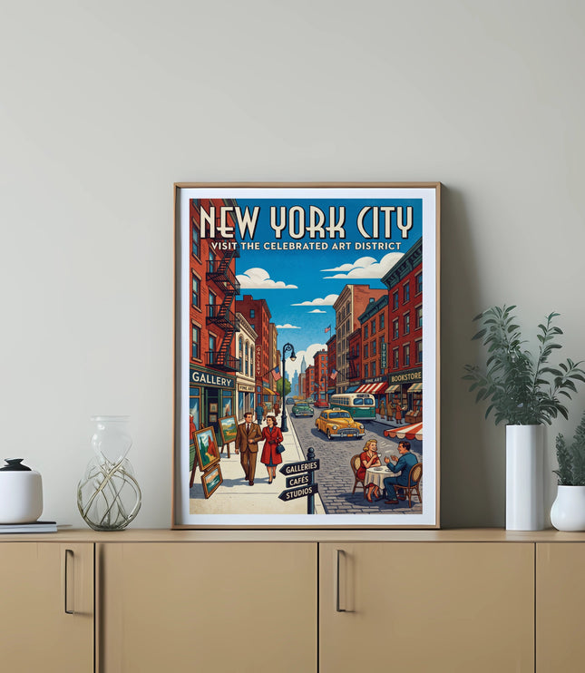 New York City vintage poster depicting art district with people, cars, and shops.