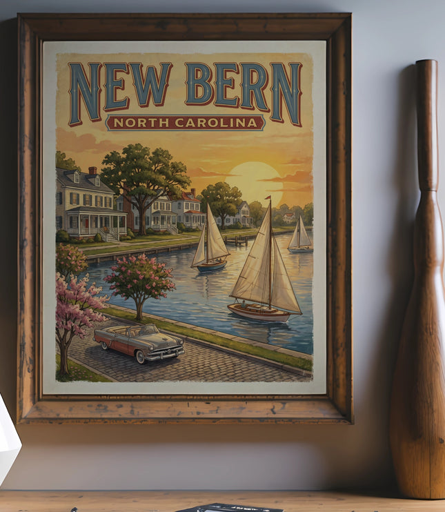 New Bern North Carolina vintage poster with sailboats, houses, and classic car.