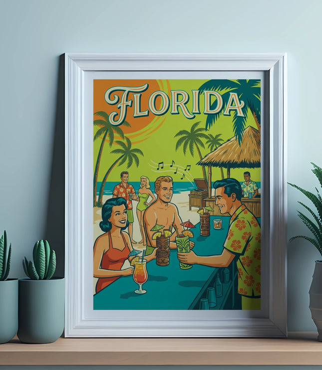 Retro Florida postcard art with tropical drinks and a beach bar scene.