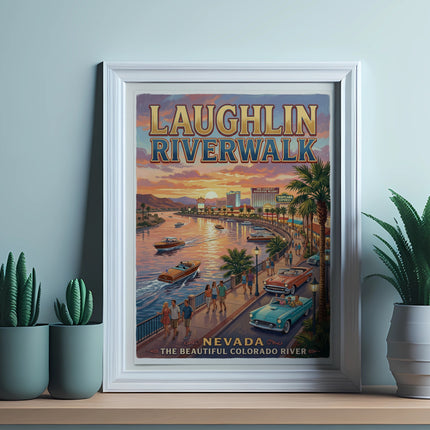 Laughlin Riverwalk, Nevada poster with boats on river and vintage cars.