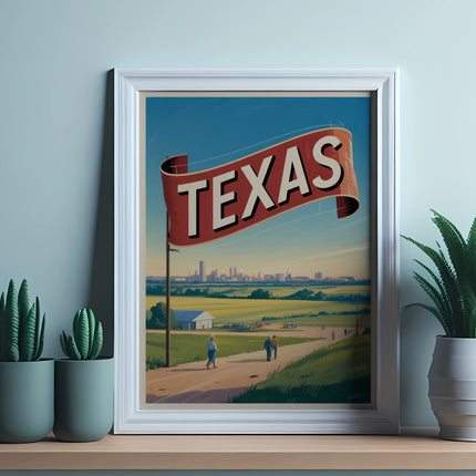 Framed poster with "TEXAS" banner and a landscape scene.