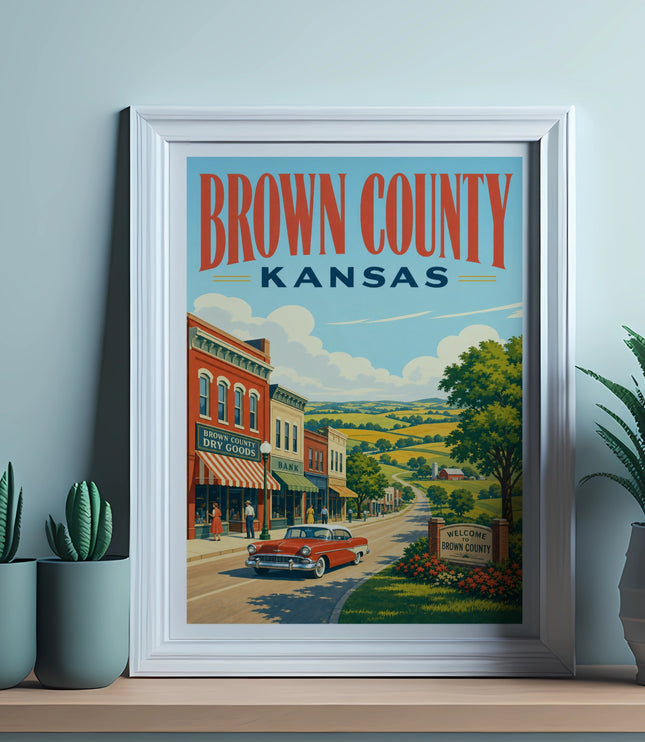 Vintage travel poster depicting Brown County, Kansas, with a classic car and buildings.