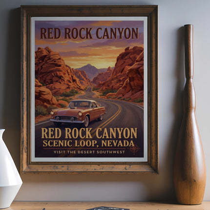 Red Rock Canyon Scenic Loop, Nevada vintage travel poster with car and desert landscape.