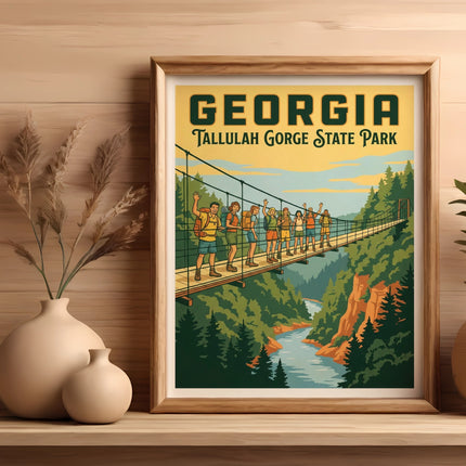 Framed Georgia Tallulah Gorge State Park poster with people crossing a suspension bridge.