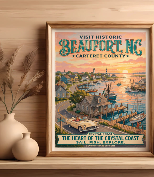 Visit Historic Beaufort, NC poster with coastal harbor scene and text.