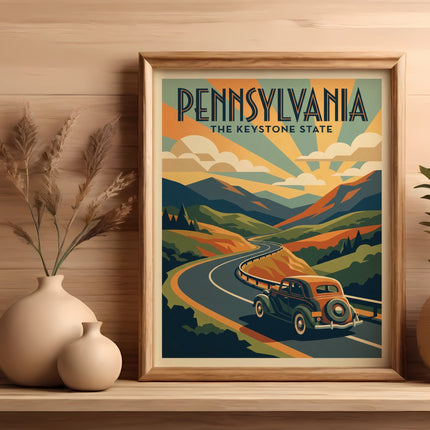 Retro Pennsylvania Keystone State travel poster with vintage car on winding road.