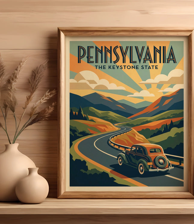 Retro Pennsylvania Keystone State travel poster with vintage car on winding road.