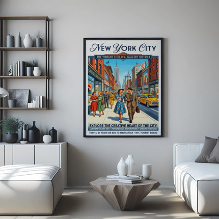 New York City Chelsea Gallery District poster with smiling visitors and city scene.