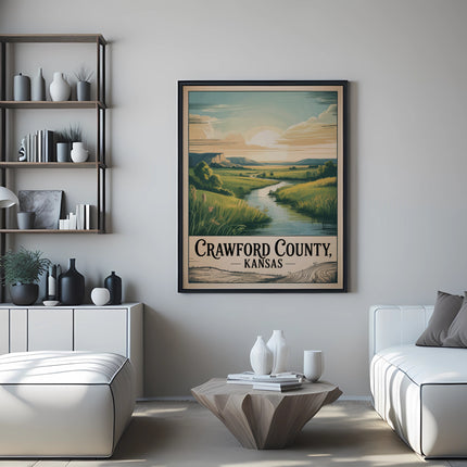Crawford County, Kansas poster with a landscape scene displayed above a coffee table.