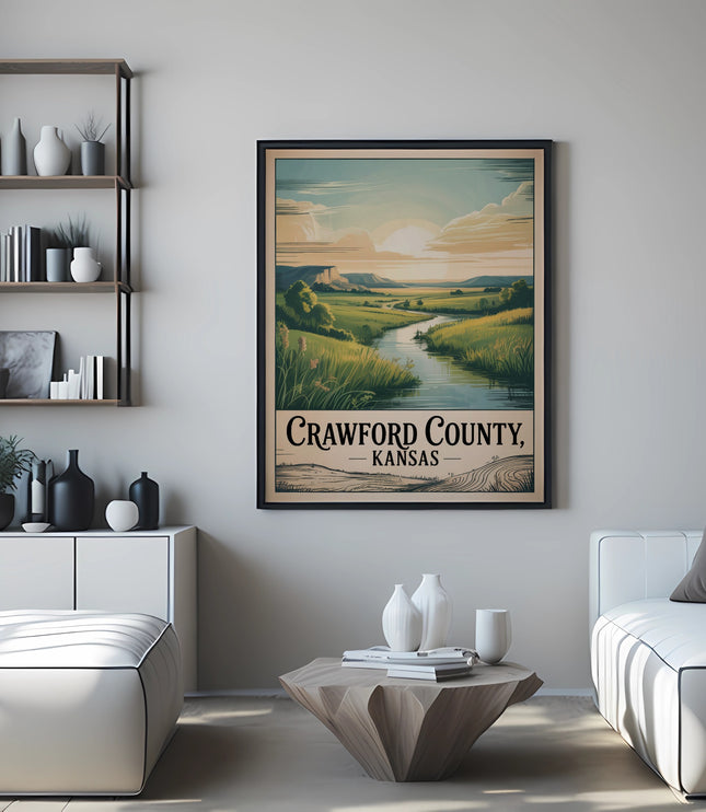 Crawford County, Kansas poster with a landscape scene displayed above a coffee table.