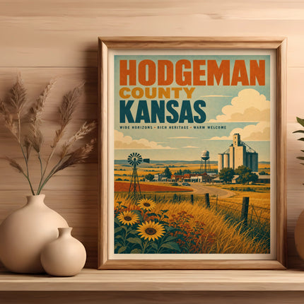 Hodgeman County Kansas illustration with sunflowers and farm buildings.