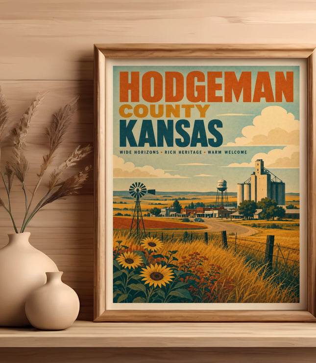 Hodgeman County Kansas illustration with sunflowers and farm buildings.