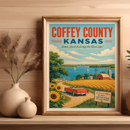 Coffey County Kansas vintage travel poster with a car, sunflowers, and text.