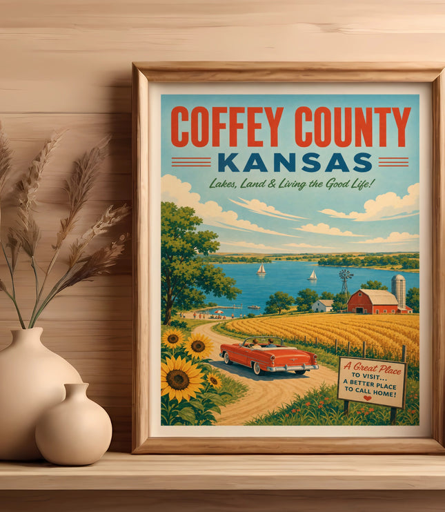 Coffey County Kansas vintage travel poster with a car, sunflowers, and text.
