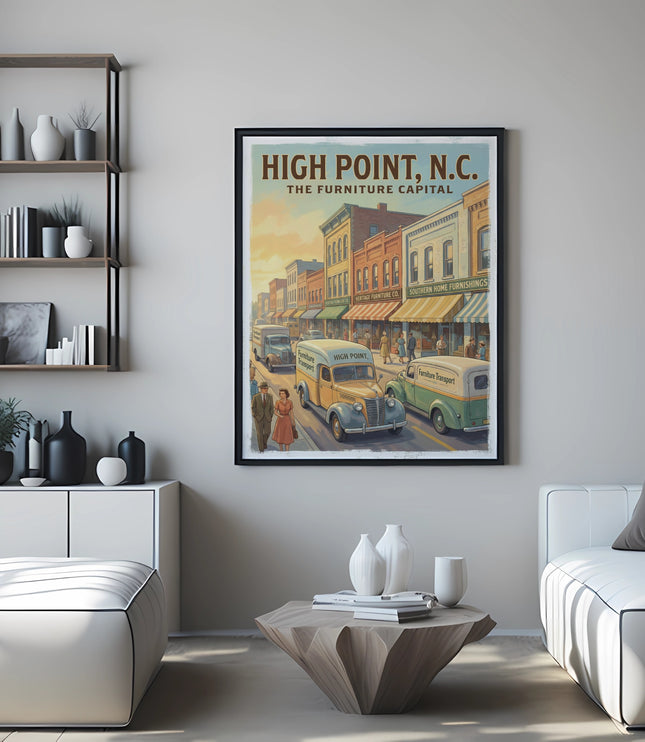 Framed "High Point, N.C. The Furniture Capital" poster featuring vintage trucks and buildings.