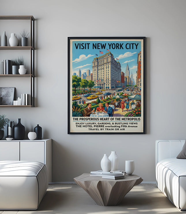 Vintage "Visit New York City" poster featuring Hotel Pierre overlooking Fifth Avenue.