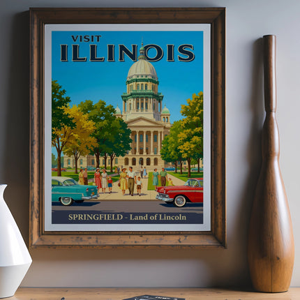 Vintage "Visit Illinois - Springfield - Land of Lincoln" poster with Capitol building and cars.