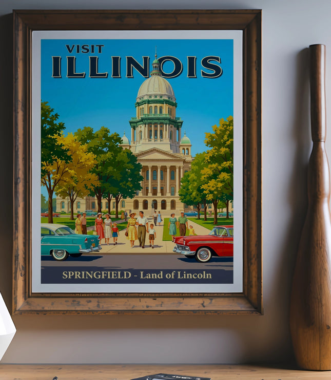 Vintage "Visit Illinois - Springfield - Land of Lincoln" poster with Capitol building and cars.