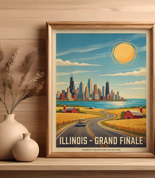 Illinois Grand Finale poster with Chicago skyline and prairie landscape.