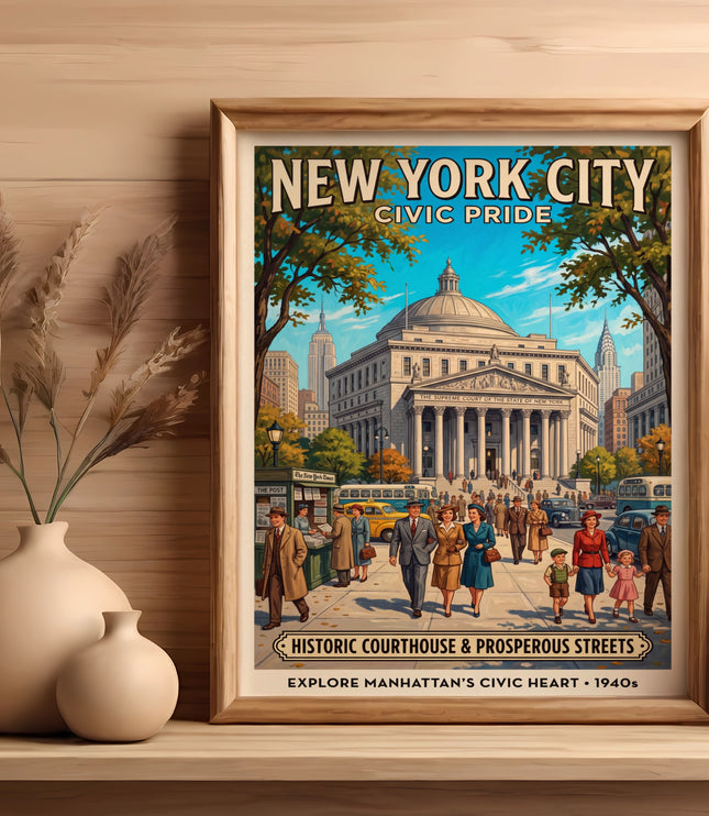 New York City Civic Pride poster depicts the Supreme Court and 1940s street scene.