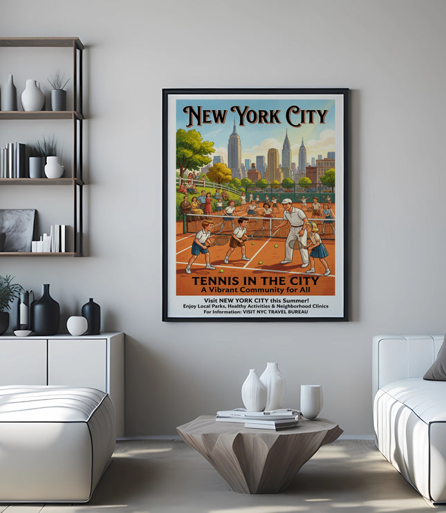 Poster of New York City tennis scene with skyscrapers and text "TENNIS IN THE CITY".