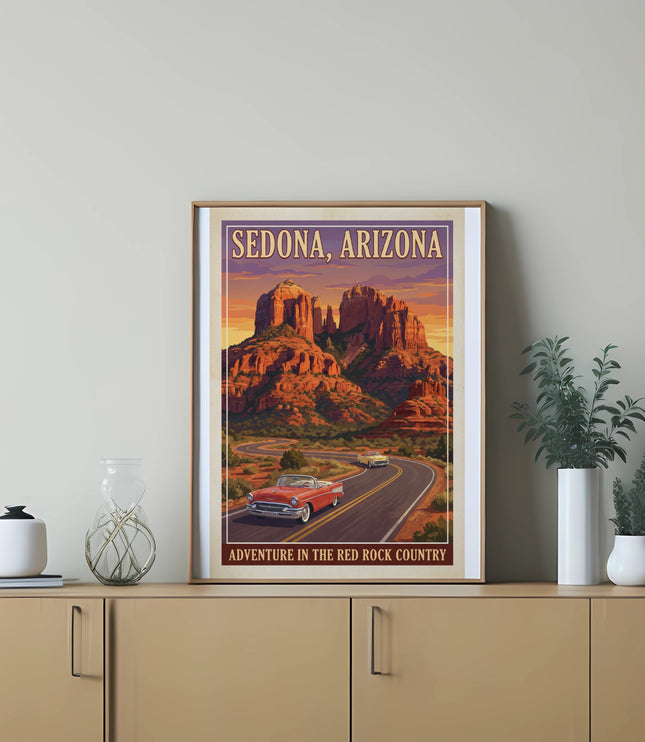 Vintage style poster of Sedona, Arizona with red rock formations and driving convertible cars.