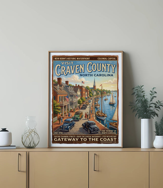 Vintage travel poster for Craven County, North Carolina, showing historic waterfront and buildings.