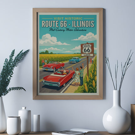 Route 66 Illinois mid-century adventure poster with vintage cars.