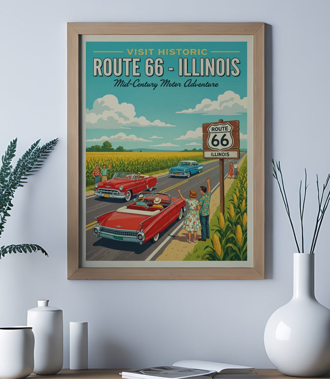 Route 66 Illinois mid-century adventure poster with vintage cars.