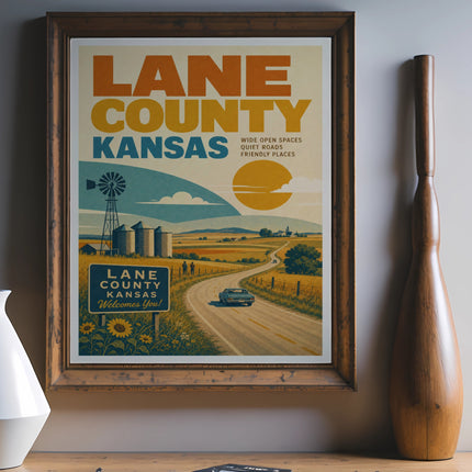 Vintage poster for Lane County, Kansas, with windmill, fields, and road.