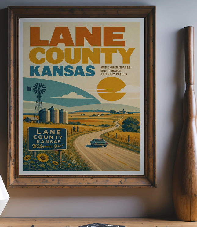 Vintage poster for Lane County, Kansas, with windmill, fields, and road.