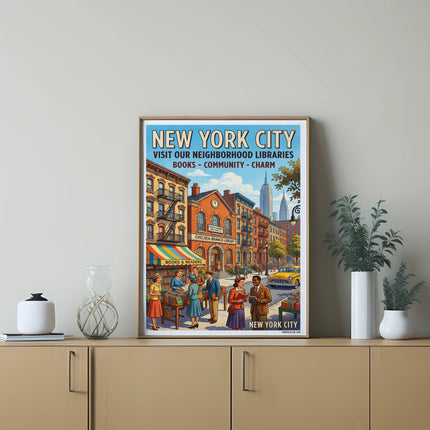New York City poster with Chelsea Branch Library, vintage style, 1948.