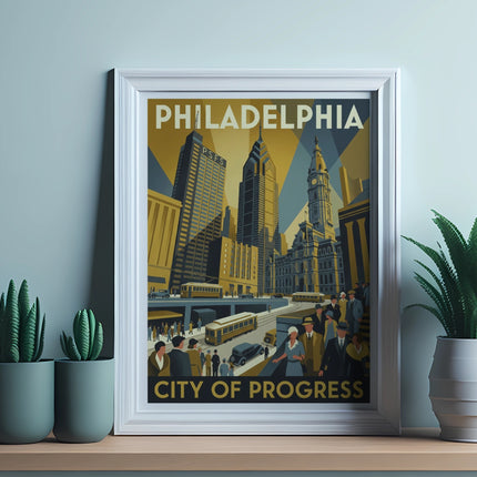 Framed artwork with "Philadelphia City of Progress" text and city skyline.