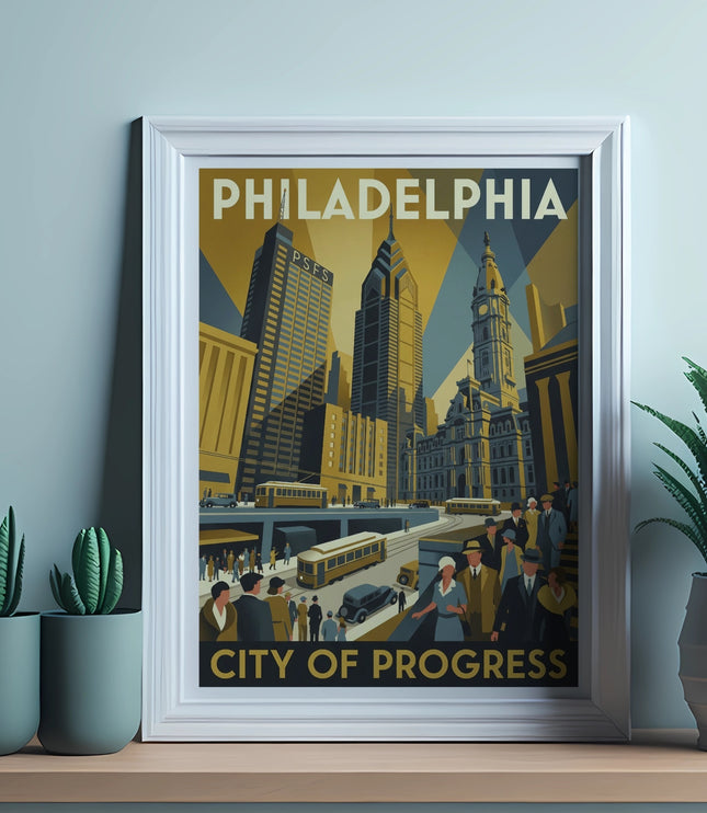 Framed artwork with "Philadelphia City of Progress" text and city skyline.