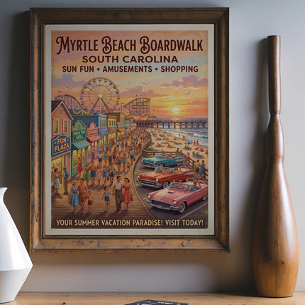 Vintage poster of Myrtle Beach Boardwalk with people, amusements, and cars at sunset.