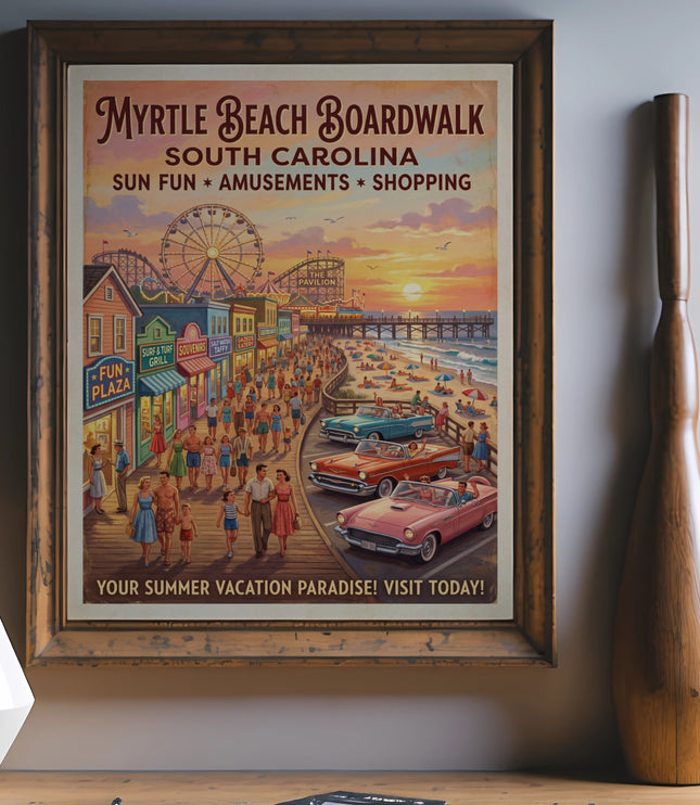 Vintage poster of Myrtle Beach Boardwalk with people, amusements, and cars at sunset.