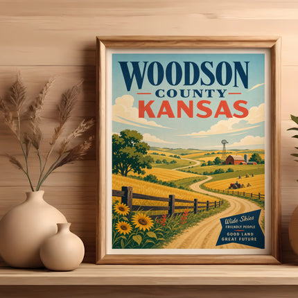 Woodson County Kansas vintage travel poster with rolling hills and farm.