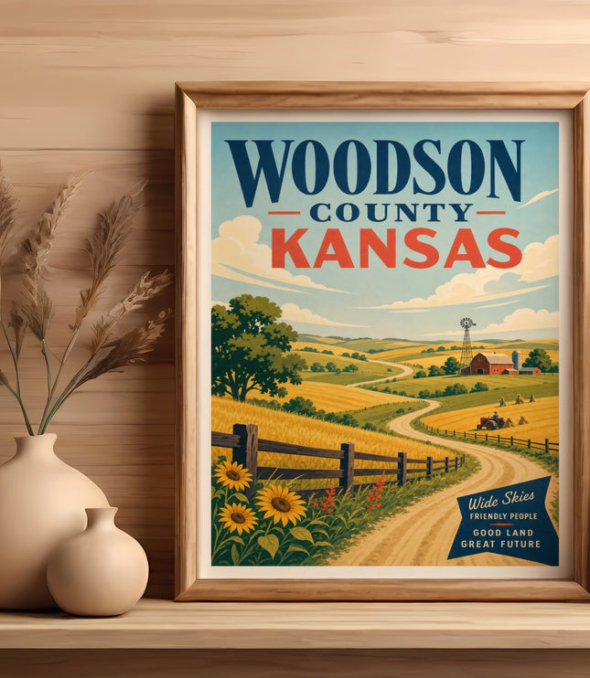 Woodson County Kansas vintage travel poster with rolling hills and farm.