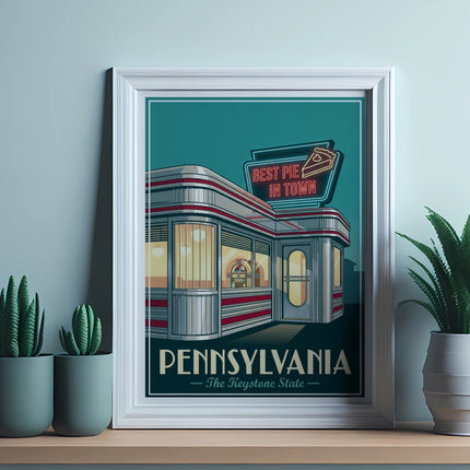 Retro diner with "Best Pie in Town" neon sign, framed poster.