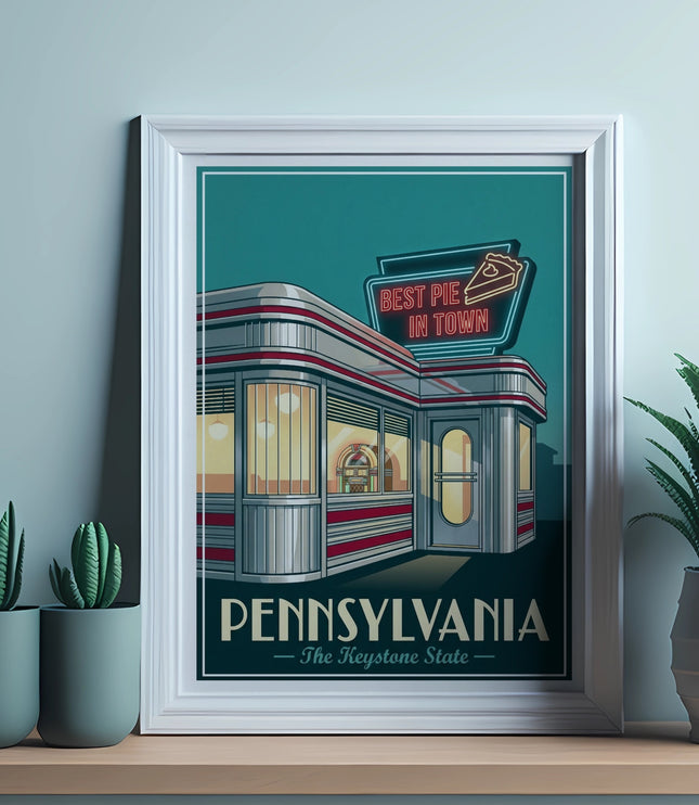 Retro diner with "Best Pie in Town" neon sign, framed poster.