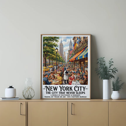 Vintage "New York City: The City That Never Sleeps" travel poster with street scene.