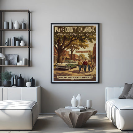 Payne County, Oklahoma poster with a vintage car, people, and text.