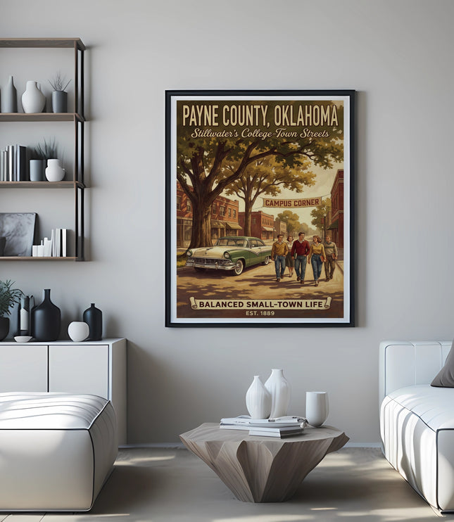 Payne County, Oklahoma poster with a vintage car, people, and text.