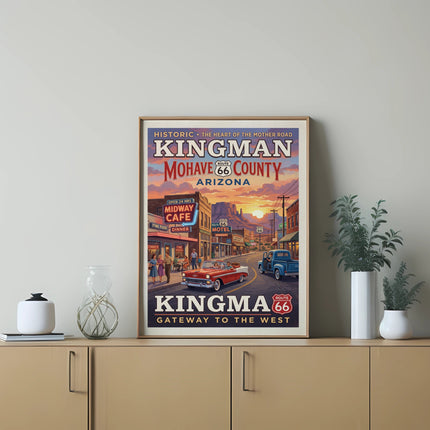 Kingman, Arizona Route 66 poster with vintage cars and buildings at sunset.