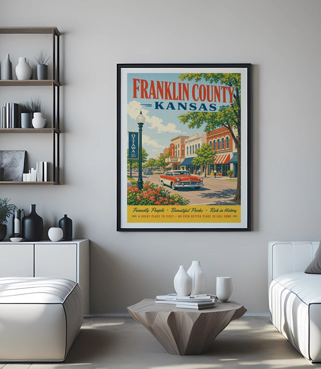 Franklin County, Kansas poster featuring Ottawa street scene with text.