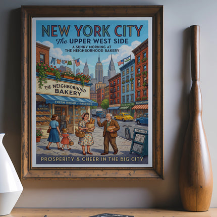 New York City vintage travel poster with "The Upper West Side" and bakery.