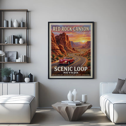 Red Rock Canyon Scenic Loop Nevada vintage travel poster with red car.