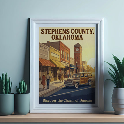 Vintage poster of Stephens County, Oklahoma, town square with clock tower.